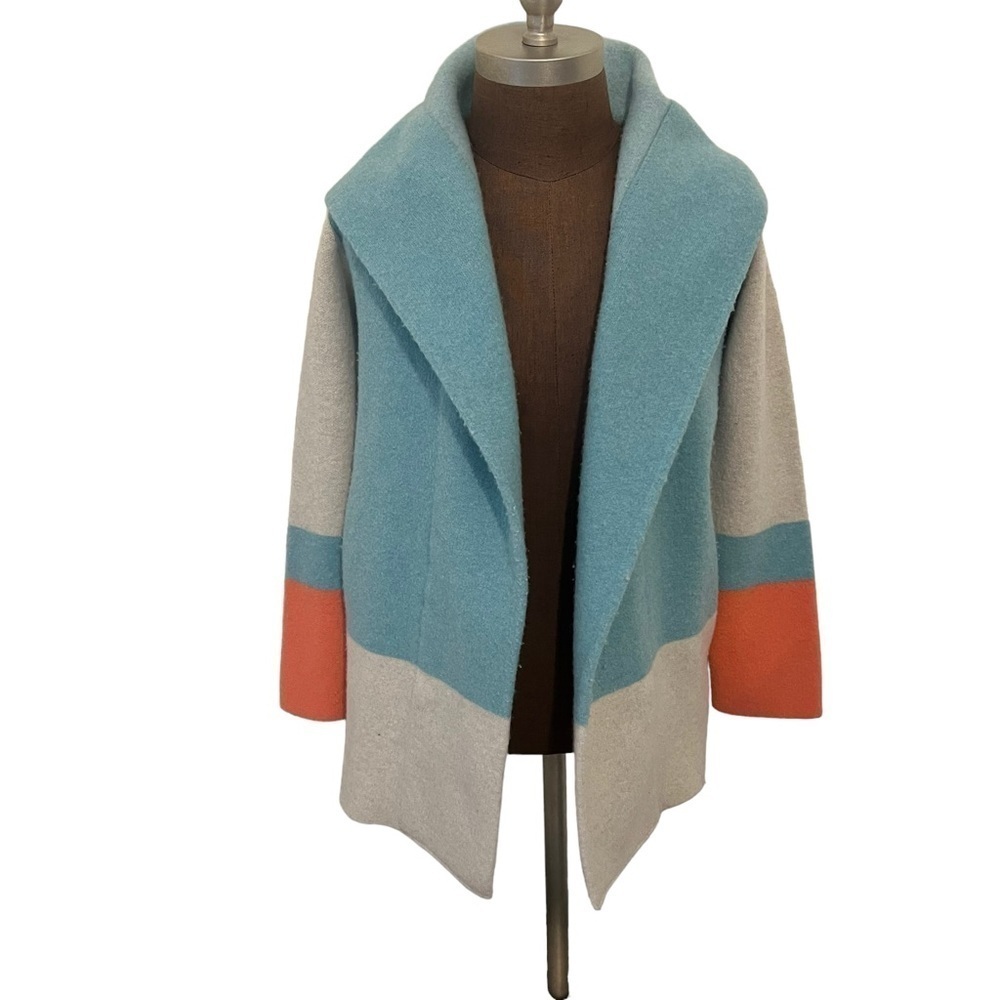 Field Flower Anthropologie Colorblock Sweater Coat XS Mint Orange Cream